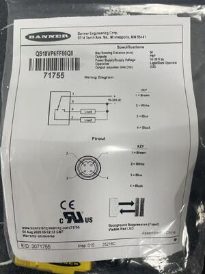 BANNER QS18VP6FF50Q8 مستشعر كهروضوئي ثابت المجال عالي الموثوقية